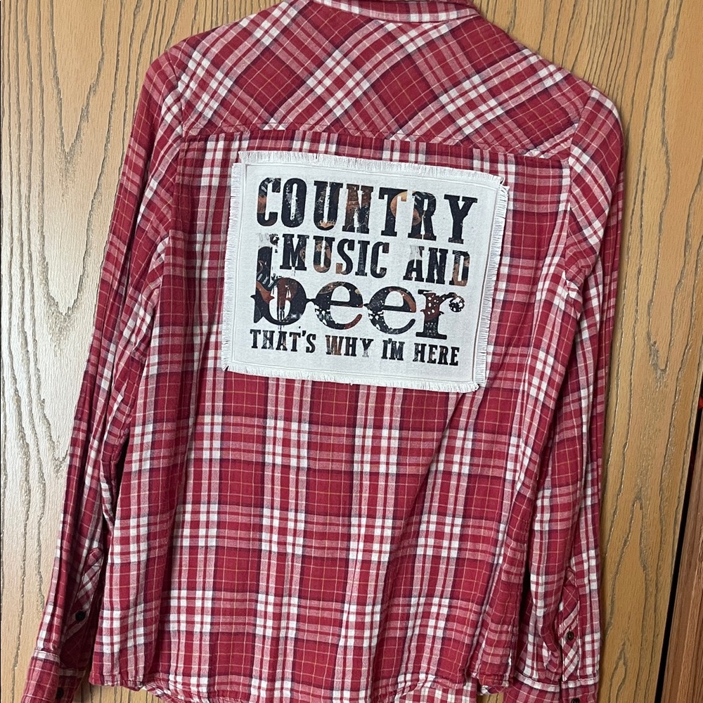 Upcycled Red Plaid Button-Up Shirt with 'Country Music and Beer' Patch